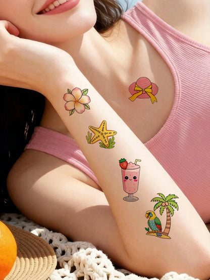 10 Sheets Temporary Tattoos For Summer Holiday Body Decar, Hawaiian Summer Theme Tattoo Stickers, Pineapple, Juice, Coconut, Lifebuoy Stickers Body Art, Fake Tattoo For Women