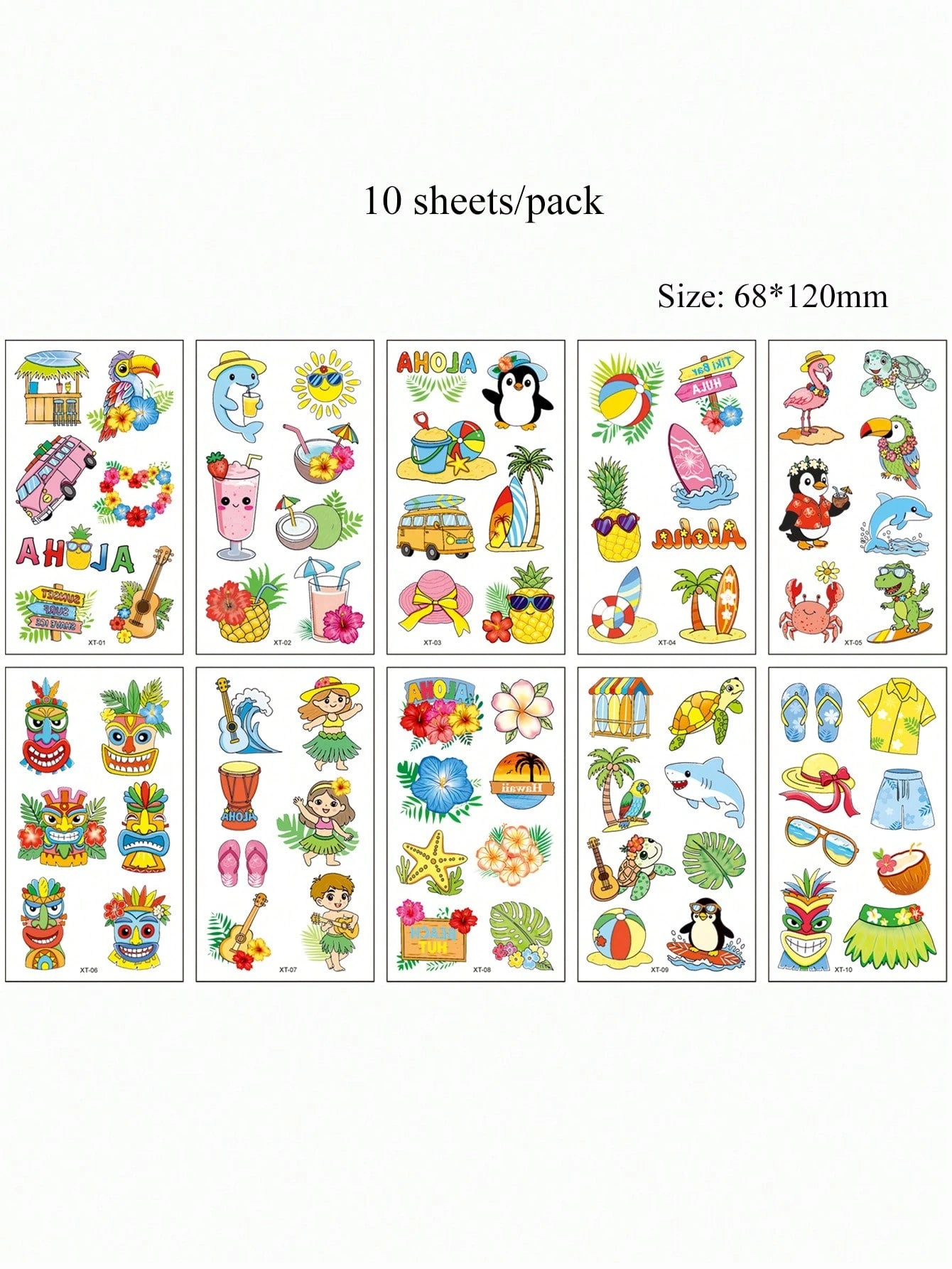 10 Sheets Temporary Tattoos For Summer Holiday Body Decar, Hawaiian Summer Theme Tattoo Stickers, Pineapple, Juice, Coconut, Lifebuoy Stickers Body Art, Fake Tattoo For Women
