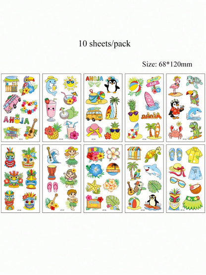 10 Sheets Temporary Tattoos For Summer Holiday Body Decar, Hawaiian Summer Theme Tattoo Stickers, Pineapple, Juice, Coconut, Lifebuoy Stickers Body Art, Fake Tattoo For Women