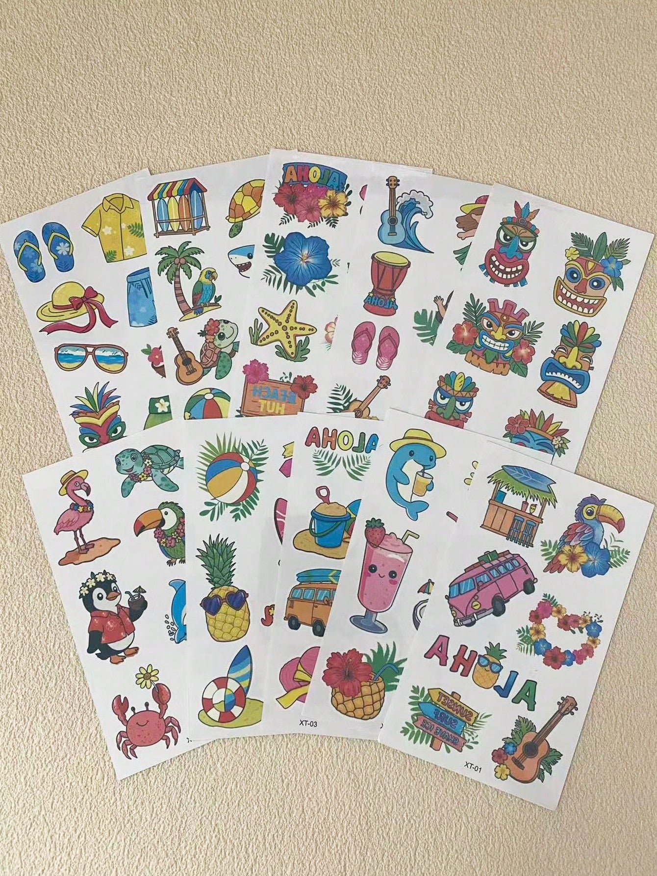 10 Sheets Temporary Tattoos For Summer Holiday Body Decar, Hawaiian Summer Theme Tattoo Stickers, Pineapple, Juice, Coconut, Lifebuoy Stickers Body Art, Fake Tattoo For Women