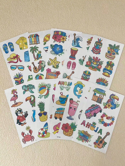 10 Sheets Temporary Tattoos For Summer Holiday Body Decar, Hawaiian Summer Theme Tattoo Stickers, Pineapple, Juice, Coconut, Lifebuoy Stickers Body Art, Fake Tattoo For Women