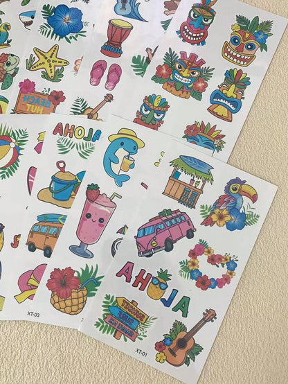 10 Sheets Temporary Tattoos For Summer Holiday Body Decar, Hawaiian Summer Theme Tattoo Stickers, Pineapple, Juice, Coconut, Lifebuoy Stickers Body Art, Fake Tattoo For Women
