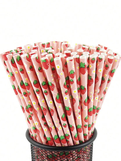 100/50/25pcs Strawberry Paper Straws, Pink Berry Pattern, Drinking Straws, Suitable For Girls' Birthday Party, Baby Shower Decoration, Summer Berry Theme, 1st Birthday Party Supplies, Baby Shower Supp