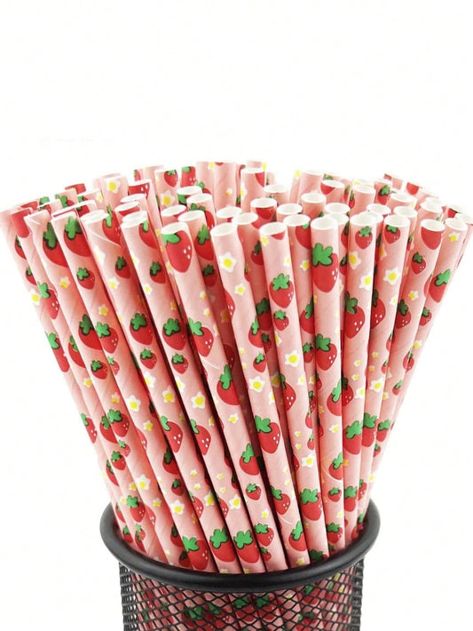 100/50/25pcs Strawberry Paper Straws, Pink Berry Pattern, Drinking Straws, Suitable For Girls' Birthday Party, Baby Shower Decoration, Summer Berry Theme, 1st Birthday Party Supplies, Baby Shower Supp