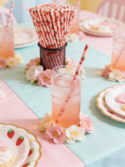 100/50/25pcs Strawberry Paper Straws, Pink Berry Pattern, Drinking Straws, Suitable For Girls' Birthday Party, Baby Shower Decoration, Summer Berry Theme, 1st Birthday Party Supplies, Baby Shower Supp