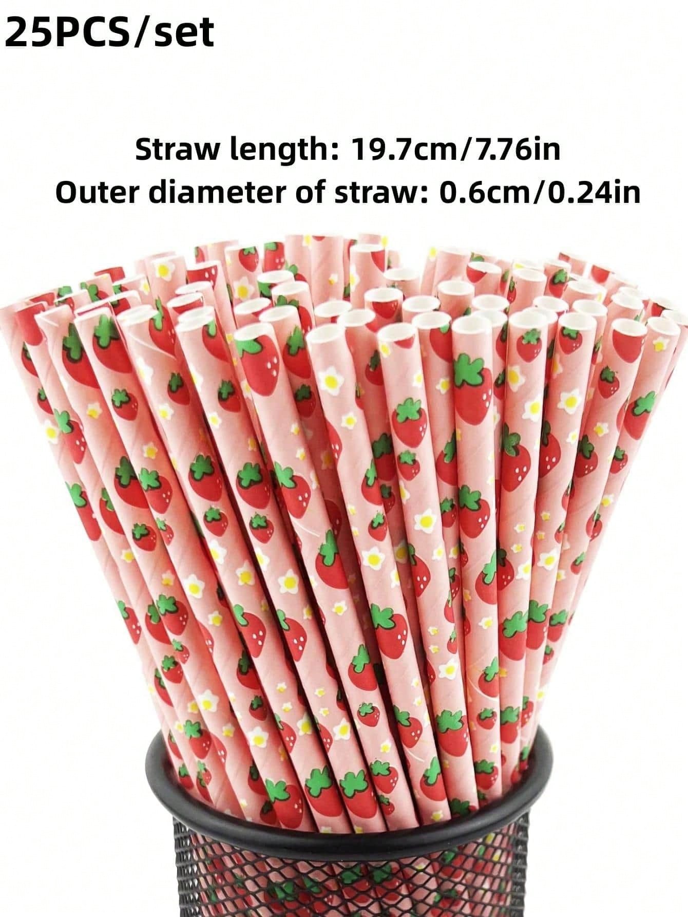 100/50/25pcs Strawberry Paper Straws, Pink Berry Pattern, Drinking Straws, Suitable For Girls' Birthday Party, Baby Shower Decoration, Summer Berry Theme, 1st Birthday Party Supplies, Baby Shower Supp