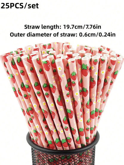 100/50/25pcs Strawberry Paper Straws, Pink Berry Pattern, Drinking Straws, Suitable For Girls' Birthday Party, Baby Shower Decoration, Summer Berry Theme, 1st Birthday Party Supplies, Baby Shower Supp