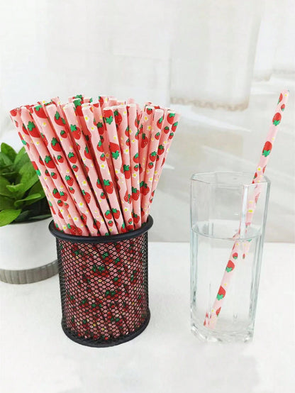 100/50/25pcs Strawberry Paper Straws, Pink Berry Pattern, Drinking Straws, Suitable For Girls' Birthday Party, Baby Shower Decoration, Summer Berry Theme, 1st Birthday Party Supplies, Baby Shower Supp