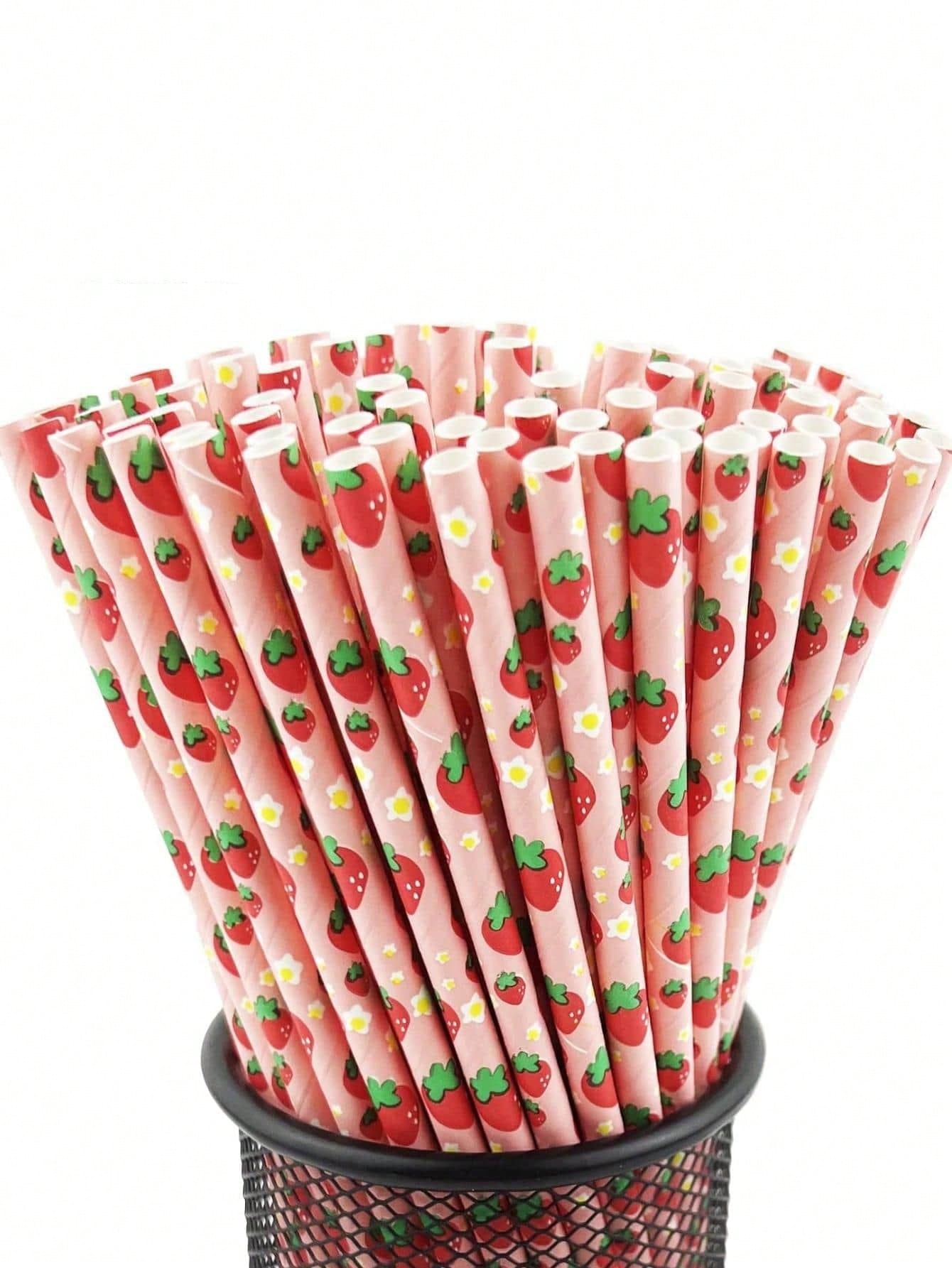 100/50/25pcs Strawberry Paper Straws, Pink Berry Pattern, Drinking Straws, Suitable For Girls' Birthday Party, Baby Shower Decoration, Summer Berry Theme, 1st Birthday Party Supplies, Baby Shower Supp