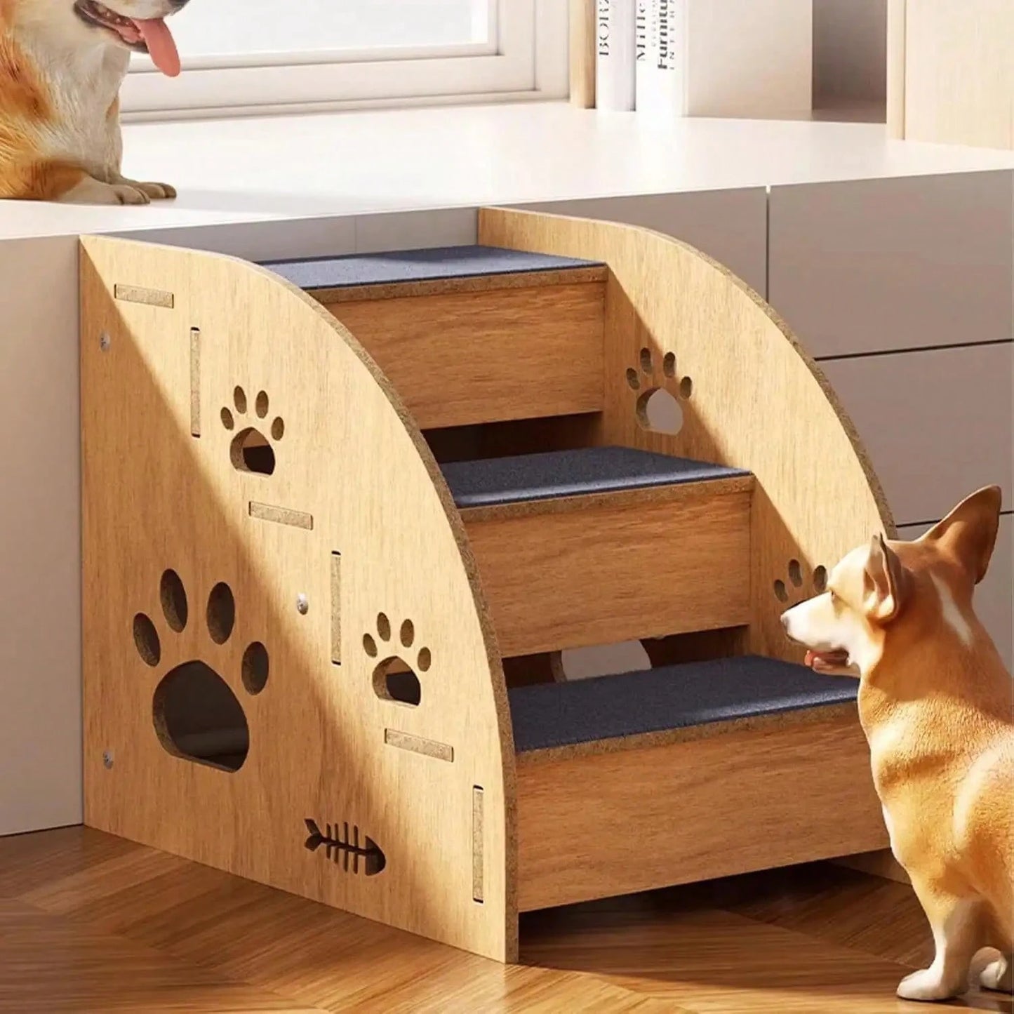 100% Solid Wood Pet Stairs For Bed/Sofa, Non-Slip, 2 To 4-Level Dog Stairs With Thickened Safety Rails And Ramp Design, 15inch Height, Suitable For Small/Medium Dogs, Cats, And Senior Pets (Sturdy Str