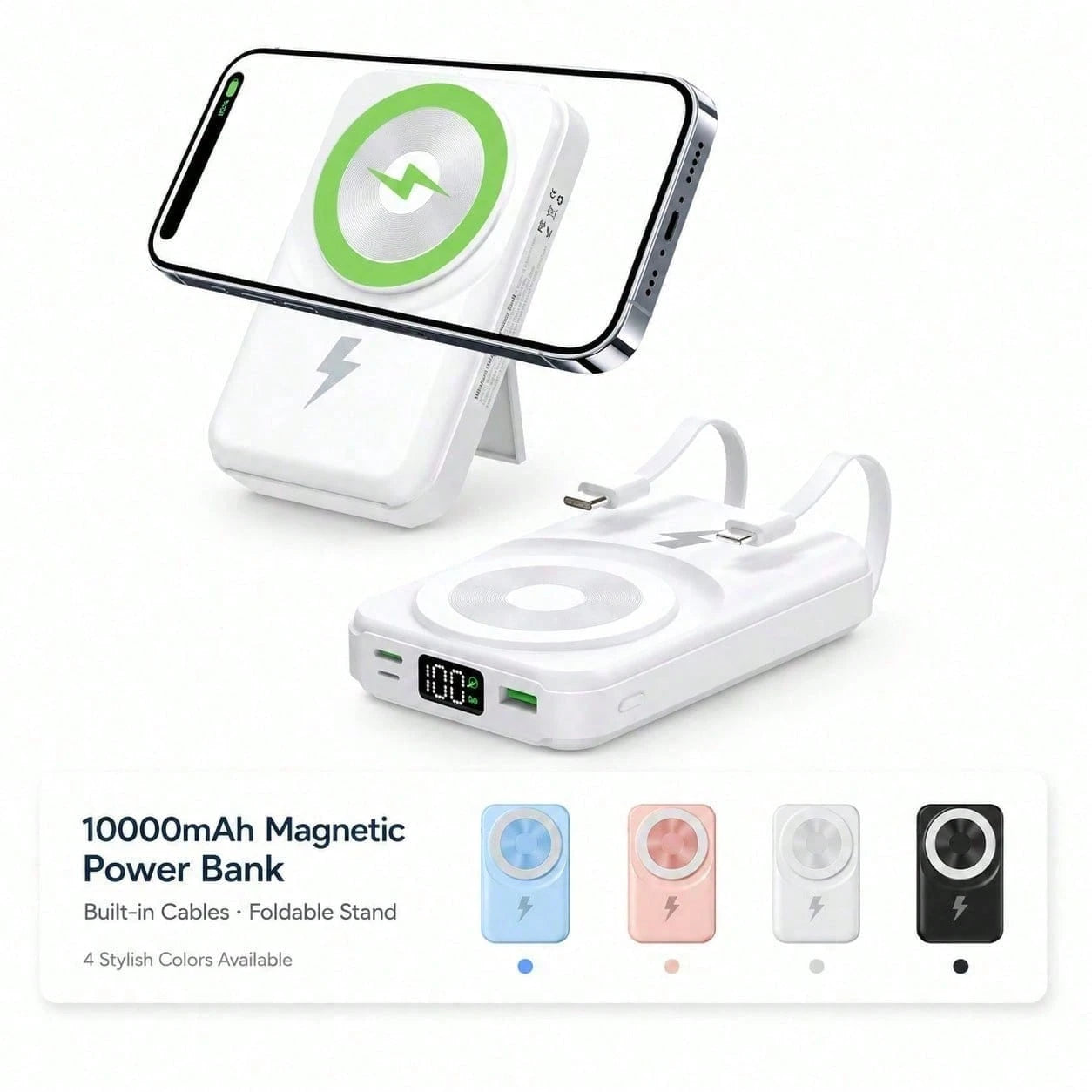 10000mAh MagSafe Compatible Wireless Charging Bank, Foldable Phone Stand Built-In Type C Lightning Cables 22.5W Fast Charging, Travel Essentials Camping Gear Back To School Supplies School Essentials