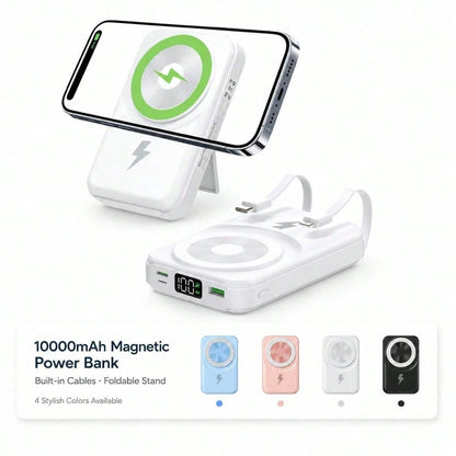 10000mAh MagSafe Compatible Wireless Charging Bank, Foldable Phone Stand Built-In Type C Lightning Cables 22.5W Fast Charging, Travel Essentials Camping Gear Back To School Supplies School Essentials