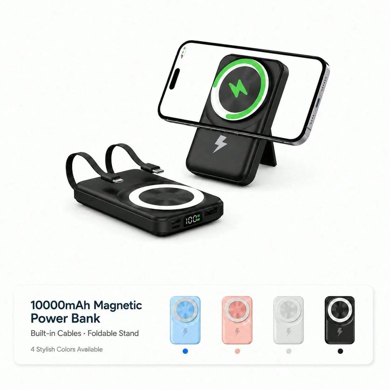 10000mAh MagSafe Compatible Wireless Charging Bank, Foldable Phone Stand Built-In Type C Lightning Cables 22.5W Fast Charging, Travel Essentials Camping Gear Back To School Supplies School Essentials