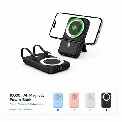 10000mAh MagSafe Compatible Wireless Charging Bank, Foldable Phone Stand Built-In Type C Lightning Cables 22.5W Fast Charging, Travel Essentials Camping Gear Back To School Supplies School Essentials