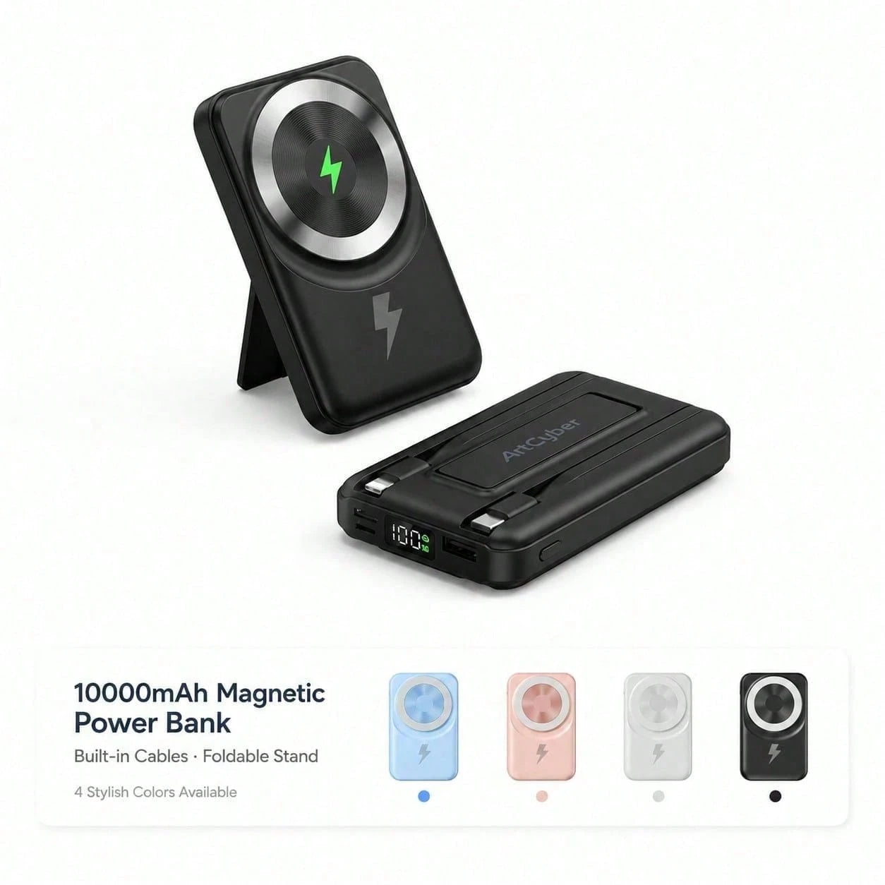 10000mAh MagSafe Compatible Wireless Charging Bank, Foldable Phone Stand Built-In Type C Lightning Cables 22.5W Fast Charging, Travel Essentials Camping Gear Back To School Supplies School Essentials