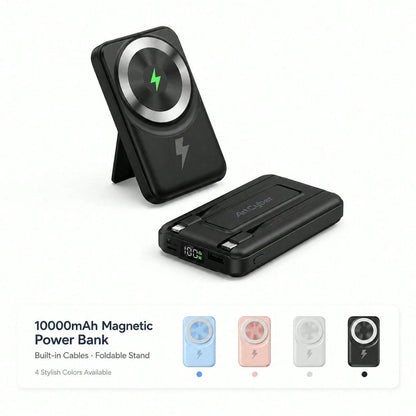 10000mAh MagSafe Compatible Wireless Charging Bank, Foldable Phone Stand Built-In Type C Lightning Cables 22.5W Fast Charging, Travel Essentials Camping Gear Back To School Supplies School Essentials