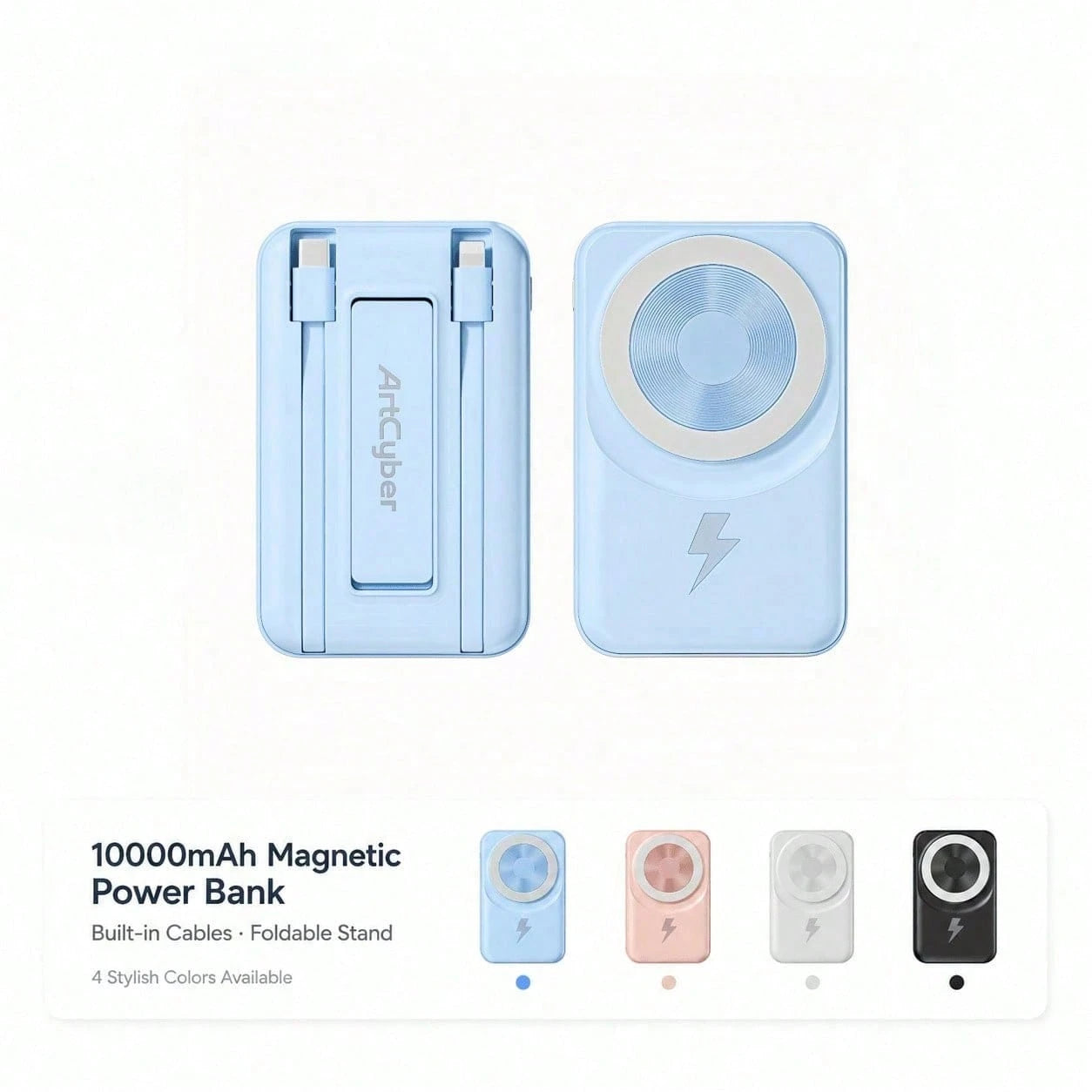 10000mAh MagSafe Compatible Wireless Charging Bank, Foldable Phone Stand Built-In Type C Lightning Cables 22.5W Fast Charging, Travel Essentials Camping Gear Back To School Supplies School Essentials
