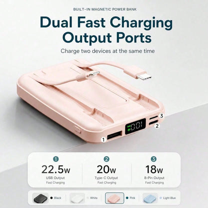 10000mAh MagSafe Compatible Wireless Charging Bank, Foldable Phone Stand Built-In Type C Lightning Cables 22.5W Fast Charging, Travel Essentials Camping Gear Back To School Supplies School Essentials