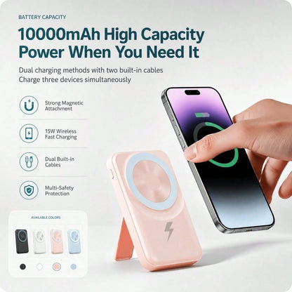 10000mAh MagSafe Compatible Wireless Charging Bank, Foldable Phone Stand Built-In Type C Lightning Cables 22.5W Fast Charging, Travel Essentials Camping Gear Back To School Supplies School Essentials