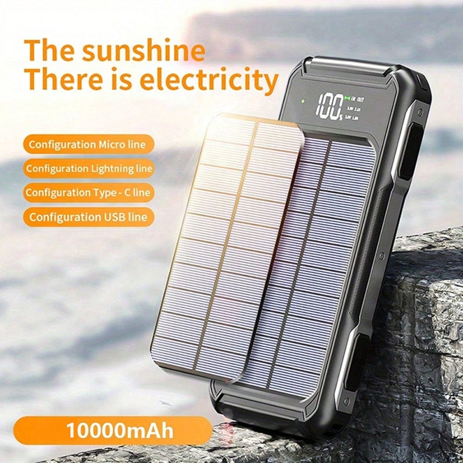 10000mAh Solar Charger Power Bank,Portable Phone Charger Built In 4 Cables For Cellphone, External Battery Pack For Camping Outdoor