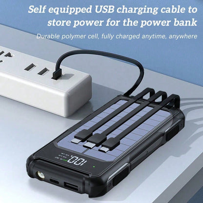 10000mAh Solar Charger Power Bank,Portable Phone Charger Built In 4 Cables For Cellphone, External Battery Pack For Camping Outdoor