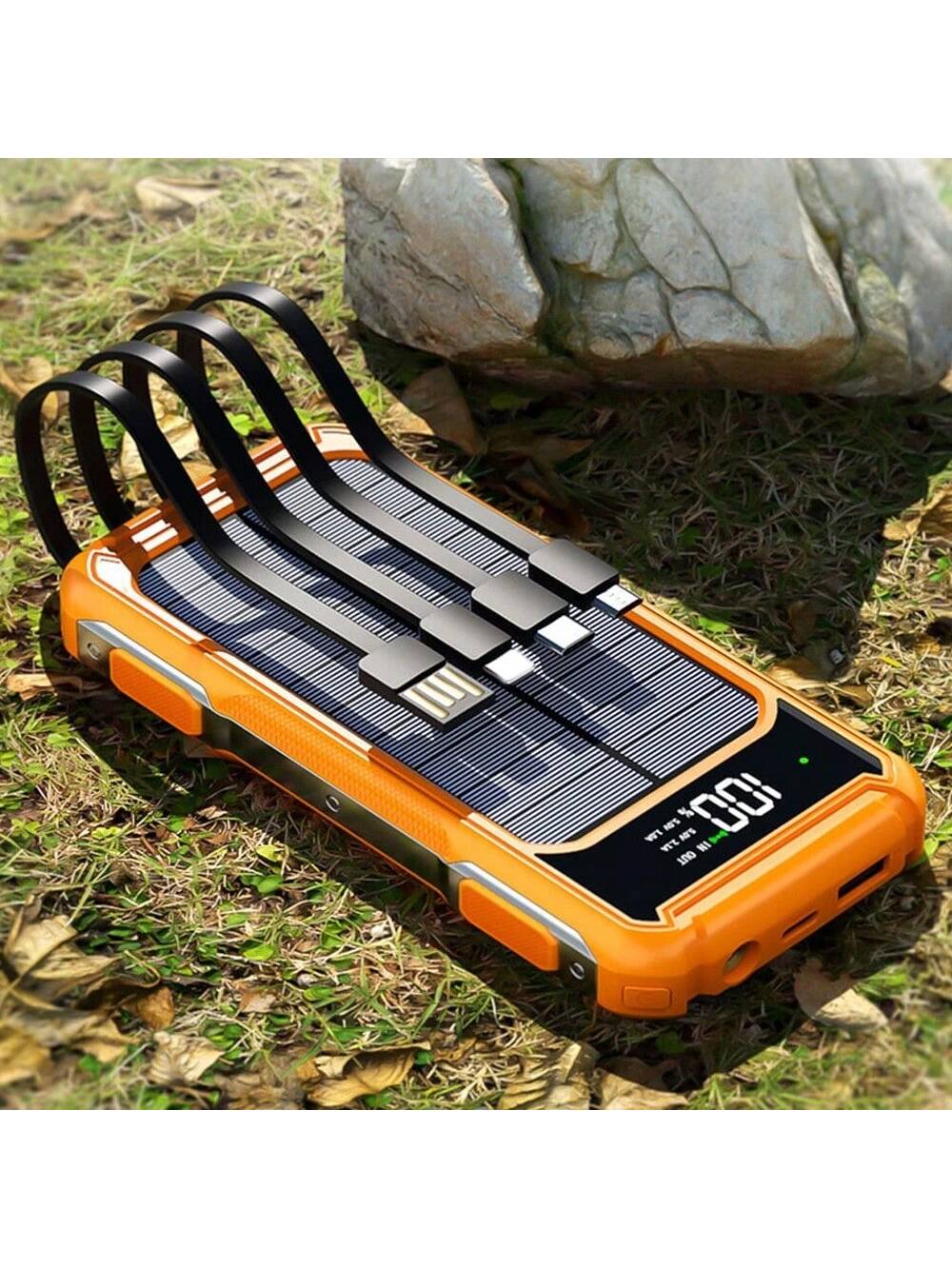 10000mAh Solar Charger Power Bank,Portable Phone Charger Built In 4 Cables For Cellphone, External Battery Pack For Camping Outdoor