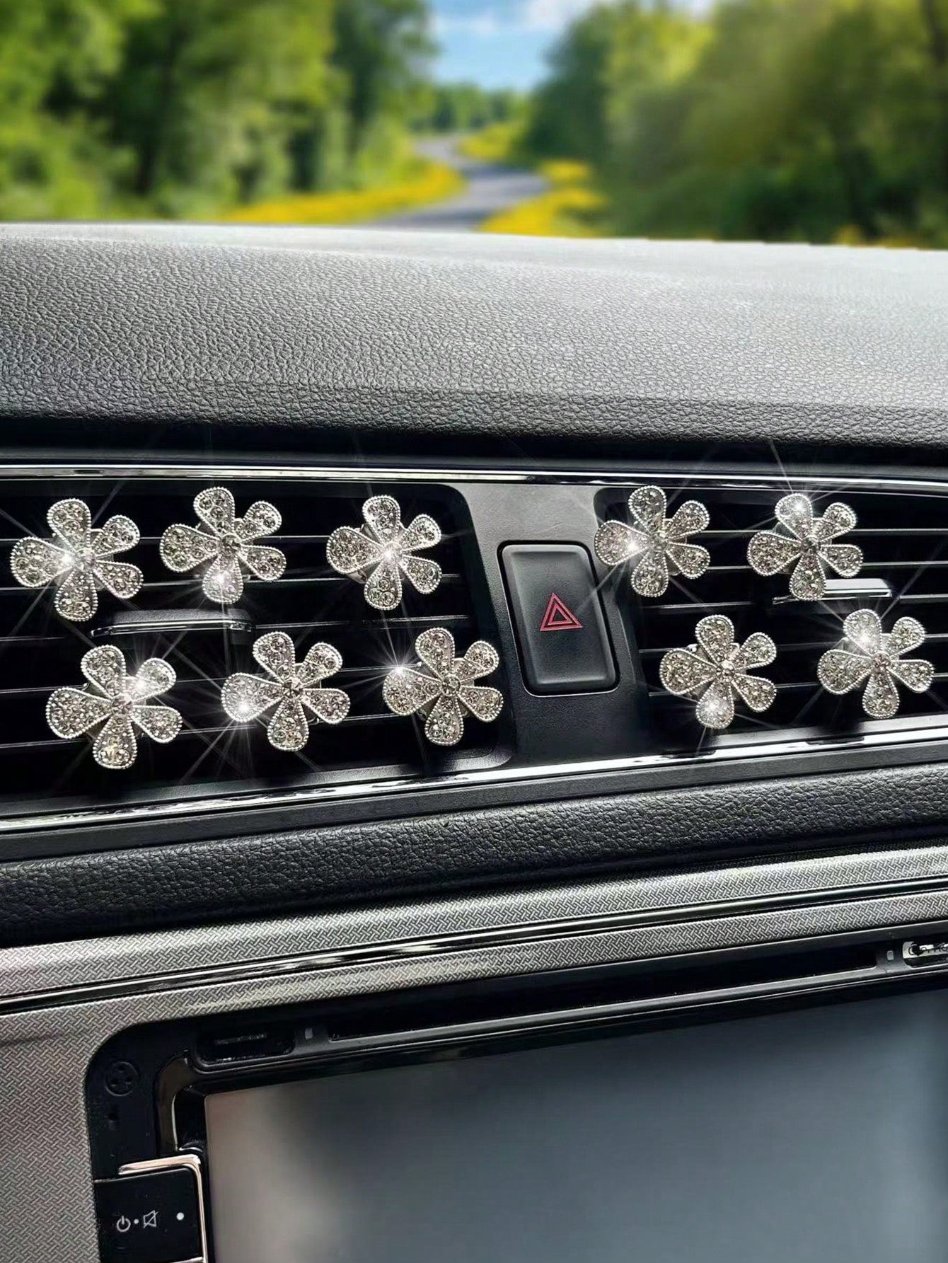 10pcs Rhinestone Flower Car Air Vent Decor, Crystal Rhinestone Car Air Vent Clip, Cute Car Air Vent Clip Interior Decoration Accessories, Suitable For Women And Girls, Decorative Diamond Car Decor Shi