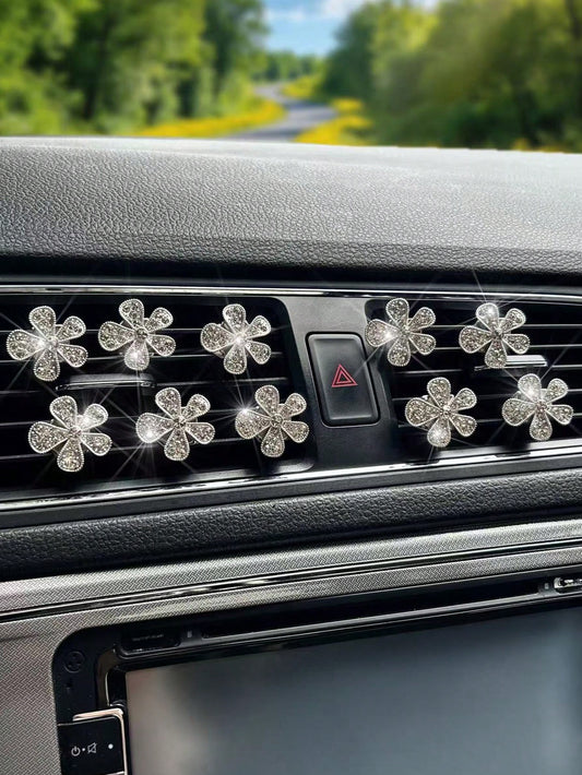 10pcs Rhinestone Flower Car Air Vent Decor, Crystal Rhinestone Car Air Vent Clip, Cute Car Air Vent Clip Interior Decoration Accessories, Suitable For Women And Girls, Decorative Diamond Car Decor Shi
