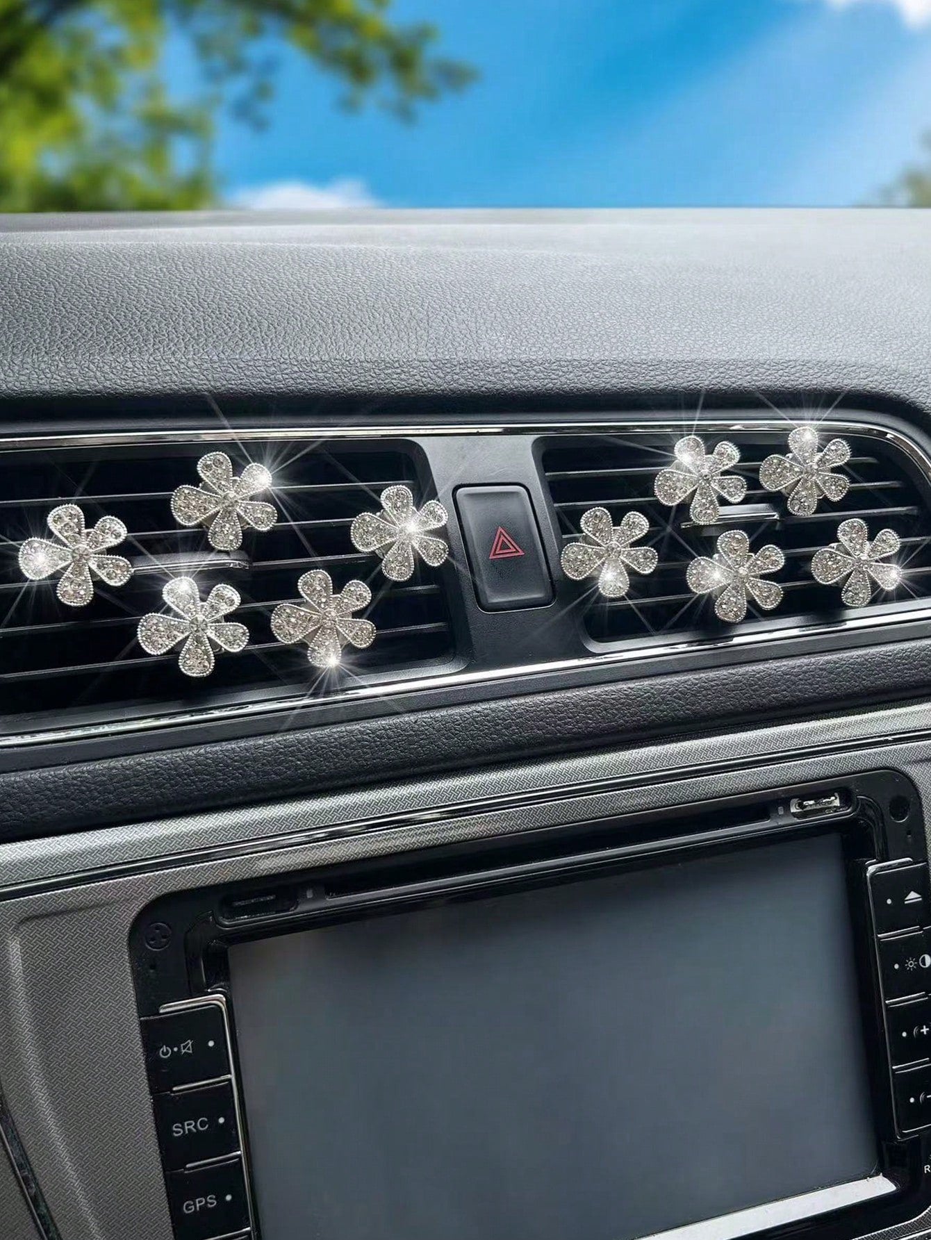 10pcs Rhinestone Flower Car Air Vent Decor, Crystal Rhinestone Car Air Vent Clip, Cute Car Air Vent Clip Interior Decoration Accessories, Suitable For Women And Girls, Decorative Diamond Car Decor Shi