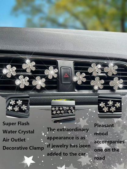 10pcs Rhinestone Flower Car Air Vent Decor, Crystal Rhinestone Car Air Vent Clip, Cute Car Air Vent Clip Interior Decoration Accessories, Suitable For Women And Girls, Decorative Diamond Car Decor Shi