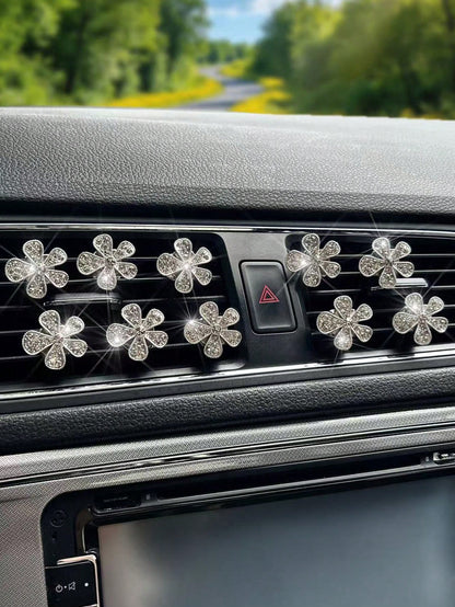 10pcs Rhinestone Flower Car Air Vent Decor, Crystal Rhinestone Car Air Vent Clip, Cute Car Air Vent Clip Interior Decoration Accessories, Suitable For Women And Girls, Decorative Diamond Car Decor Shi