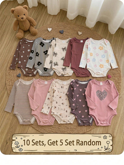 (10pcs Sets, Get 5 Set Random)Baby Girl Cute Knitted Floral & Striped Pattern Long Sleeve Autumn Romper Set