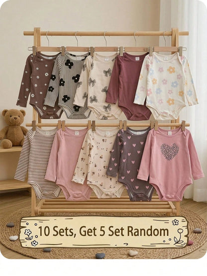 (10pcs Sets, Get 5 Set Random)Baby Girl Cute Knitted Floral & Striped Pattern Long Sleeve Autumn Romper Set