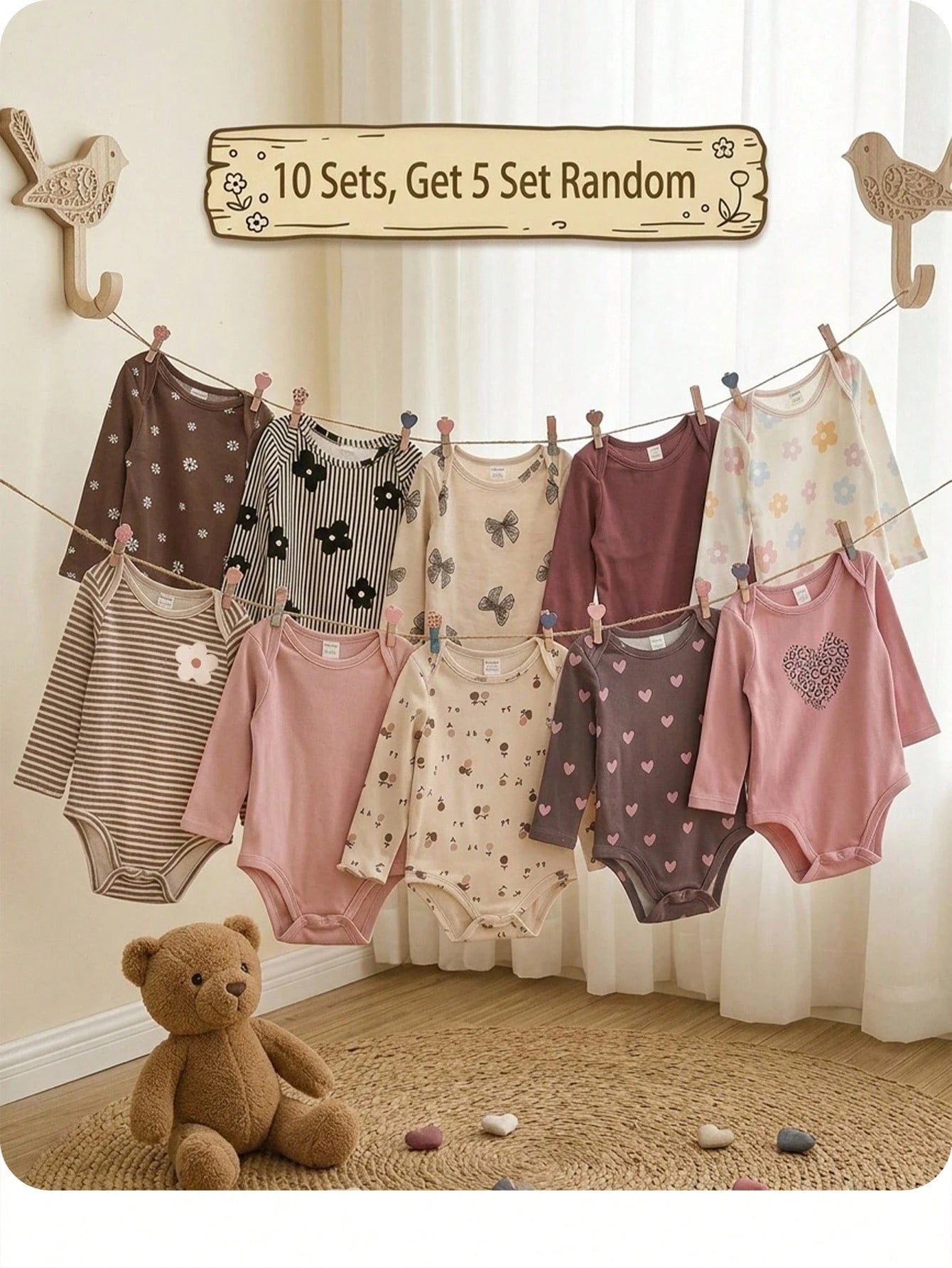 (10pcs Sets, Get 5 Set Random)Baby Girl Cute Knitted Floral & Striped Pattern Long Sleeve Autumn Romper Set