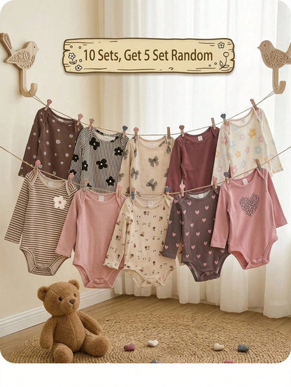 (10pcs Sets, Get 5 Set Random)Baby Girl Cute Knitted Floral & Striped Pattern Long Sleeve Autumn Romper Set