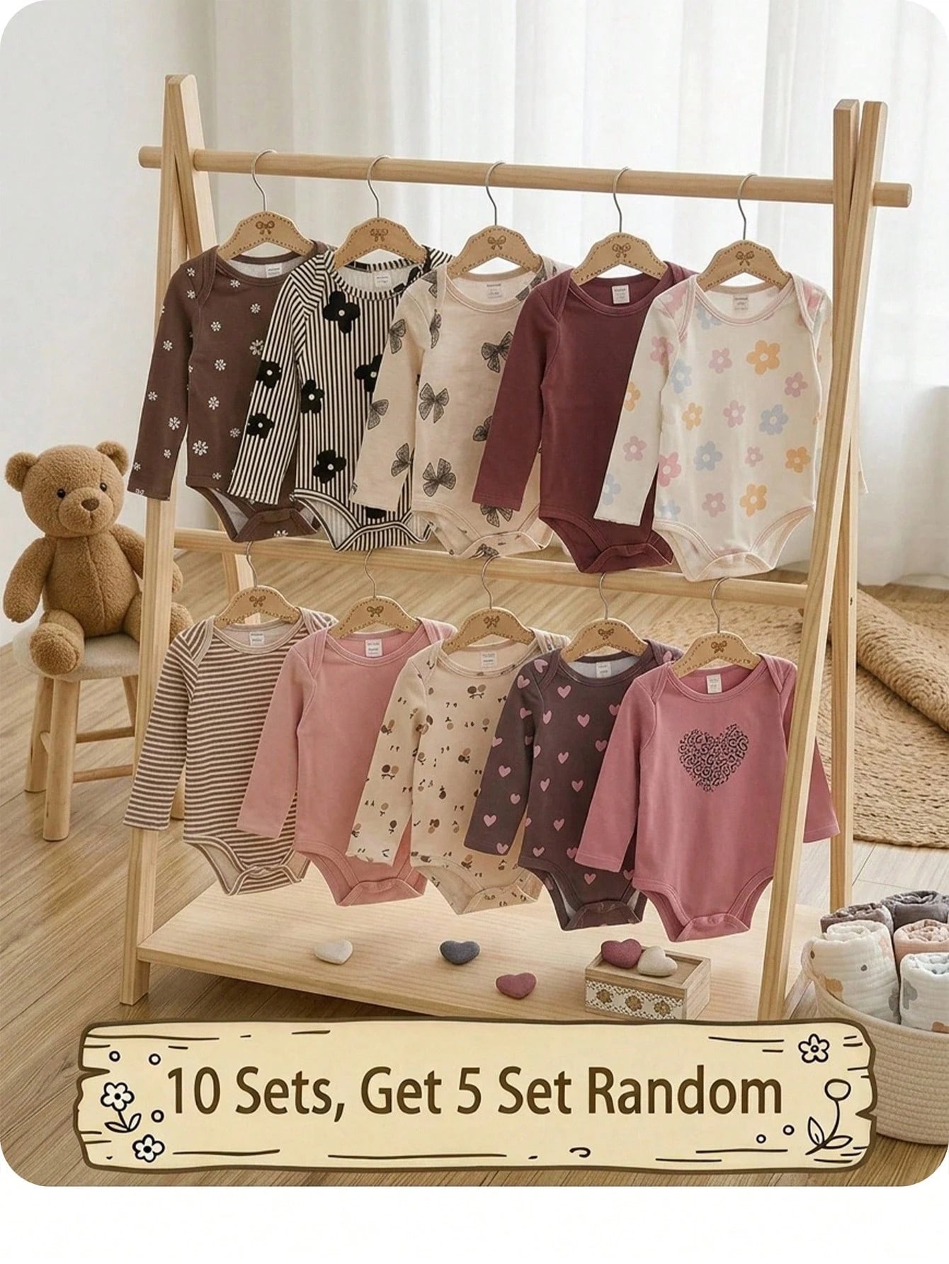 (10pcs Sets, Get 5 Set Random)Baby Girl Cute Knitted Floral & Striped Pattern Long Sleeve Autumn Romper Set