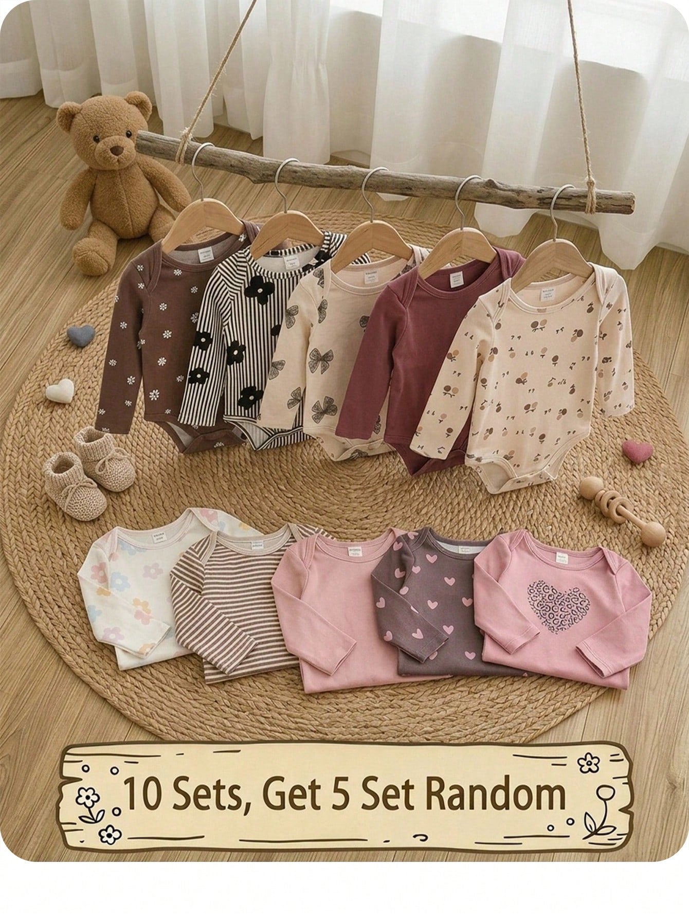 (10pcs Sets, Get 5 Set Random)Baby Girl Cute Knitted Floral & Striped Pattern Long Sleeve Autumn Romper Set