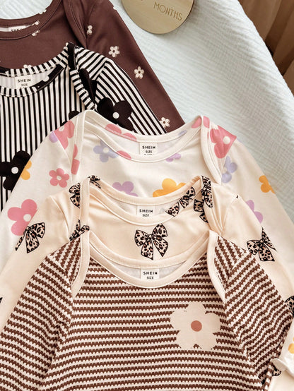 (10pcs Sets, Get 5 Set Random)Baby Girl Cute Knitted Floral & Striped Pattern Long Sleeve Autumn Romper Set