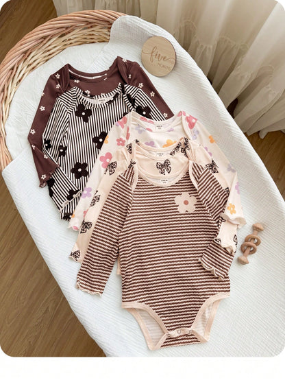 (10pcs Sets, Get 5 Set Random)Baby Girl Cute Knitted Floral & Striped Pattern Long Sleeve Autumn Romper Set