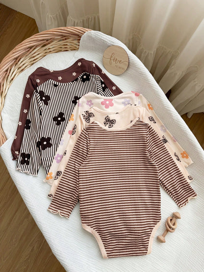 (10pcs Sets, Get 5 Set Random)Baby Girl Cute Knitted Floral & Striped Pattern Long Sleeve Autumn Romper Set