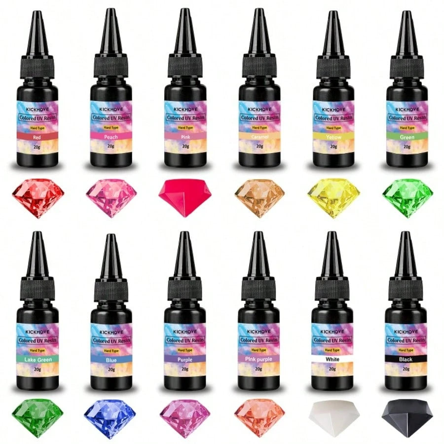 12-Color UV Resin Diamond Glitter, UV Transparent Curing Resin Glue, Odorless Low Shrinkage UV Resin Kit, Suitable For Crafts, Jewelry Making- Earrings, Rings, Keychains, Decorations (20g Each)