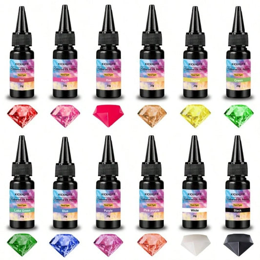 12-Color UV Resin Diamond Glitter, UV Transparent Curing Resin Glue, Odorless Low Shrinkage UV Resin Kit, Suitable For Crafts, Jewelry Making- Earrings, Rings, Keychains, Decorations (20g Each)