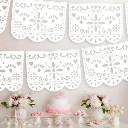 13.4ft White Large Plastic Mexican Party Banners Carnival Party Decorations, Wedding Drapery Decoration, Senior Hollow Pattern Pull Banner, Mexican Carnival Hanging Banner, Baby Shower Family Decorati