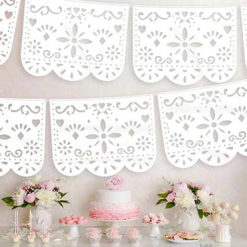 13.4ft White Large Plastic Mexican Party Banners Carnival Party Decorations, Wedding Drapery Decoration, Senior Hollow Pattern Pull Banner, Mexican Carnival Hanging Banner, Baby Shower Family Decorati
