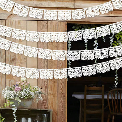 13.4ft White Large Plastic Mexican Party Banners Carnival Party Decorations, Wedding Drapery Decoration, Senior Hollow Pattern Pull Banner, Mexican Carnival Hanging Banner, Baby Shower Family Decorati