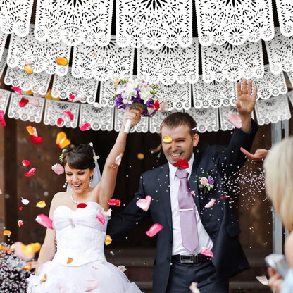 13.4ft White Large Plastic Mexican Party Banners Carnival Party Decorations, Wedding Drapery Decoration, Senior Hollow Pattern Pull Banner, Mexican Carnival Hanging Banner, Baby Shower Family Decorati
