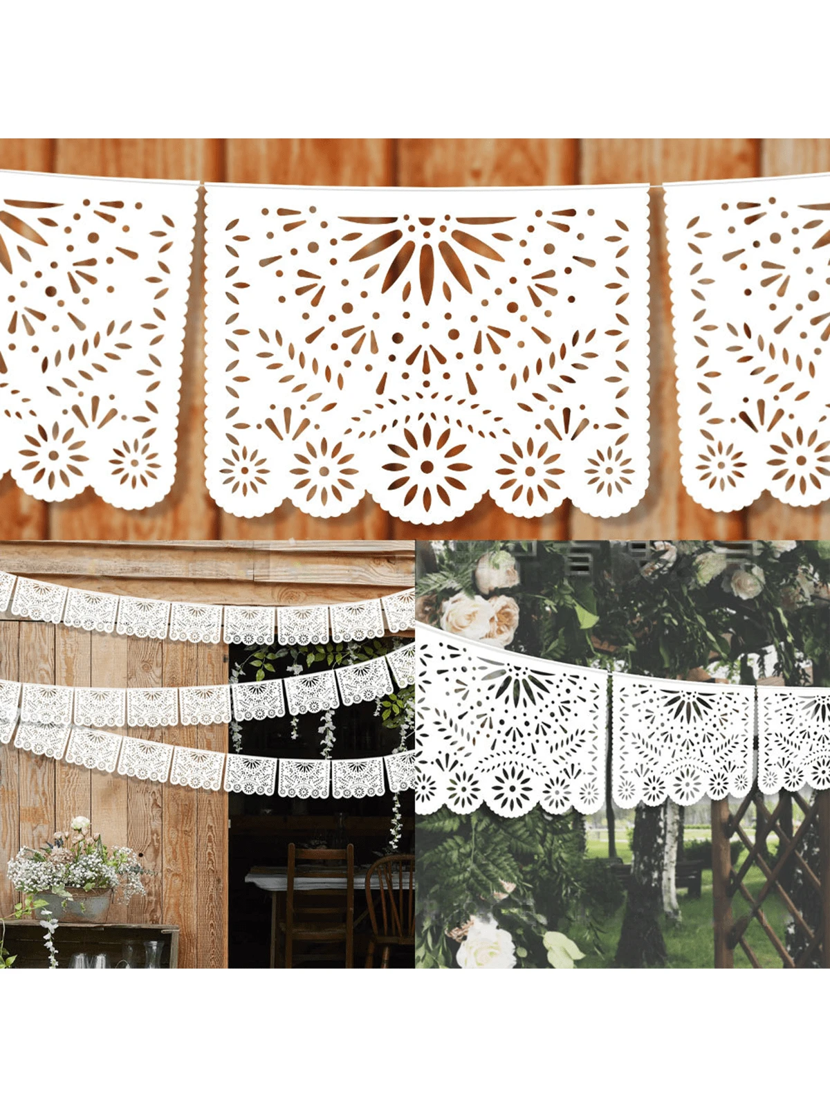 13.4ft White Large Plastic Mexican Party Banners Carnival Party Decorations, Wedding Drapery Decoration, Senior Hollow Pattern Pull Banner, Mexican Carnival Hanging Banner, Baby Shower Family Decorati
