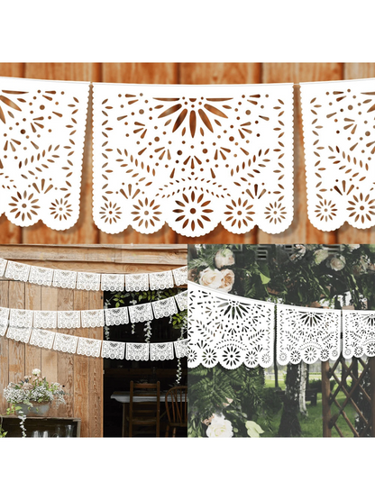 13.4ft White Large Plastic Mexican Party Banners Carnival Party Decorations, Wedding Drapery Decoration, Senior Hollow Pattern Pull Banner, Mexican Carnival Hanging Banner, Baby Shower Family Decorati