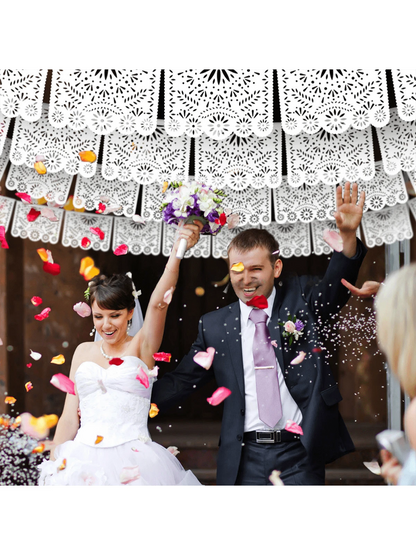 13.4ft White Large Plastic Mexican Party Banners Carnival Party Decorations, Wedding Drapery Decoration, Senior Hollow Pattern Pull Banner, Mexican Carnival Hanging Banner, Baby Shower Family Decorati