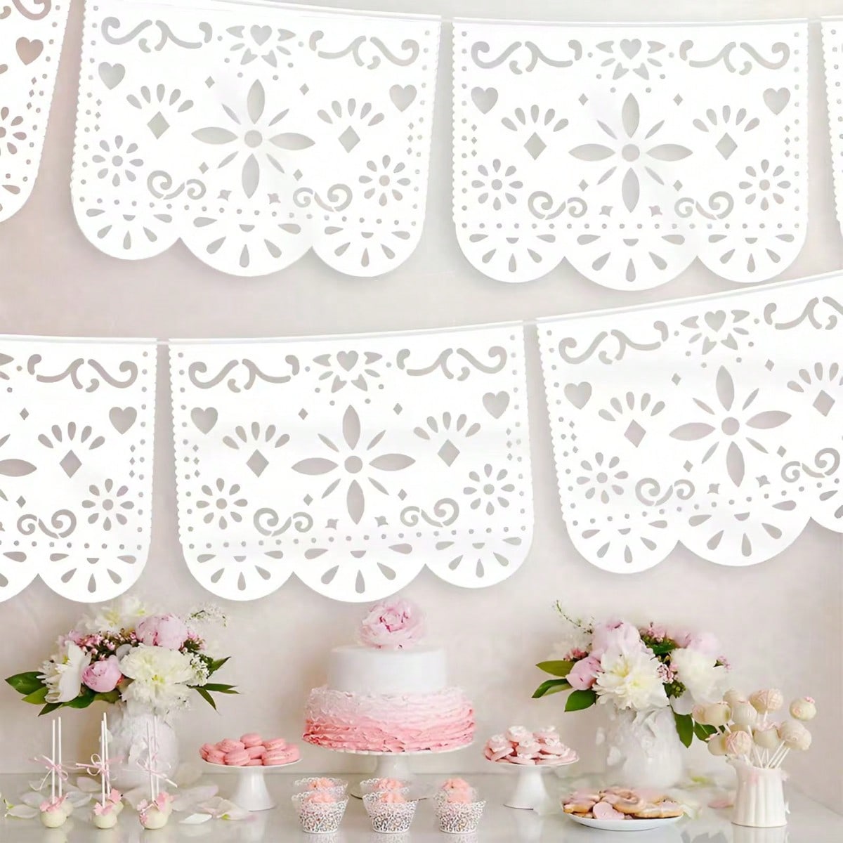 13.4ft White Large Plastic Mexican Party Banners Carnival Party Decorations, Wedding Drapery Decoration, Senior Hollow Pattern Pull Banner, Mexican Carnival Hanging Banner, Baby Shower Family Decorati